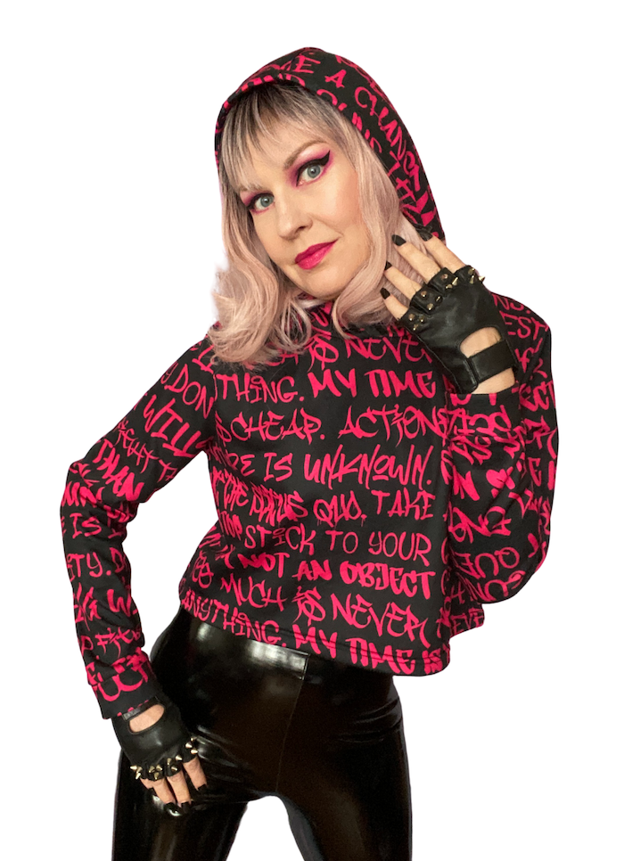 Women's Crop Hoodie, Black with Pink Graffiti