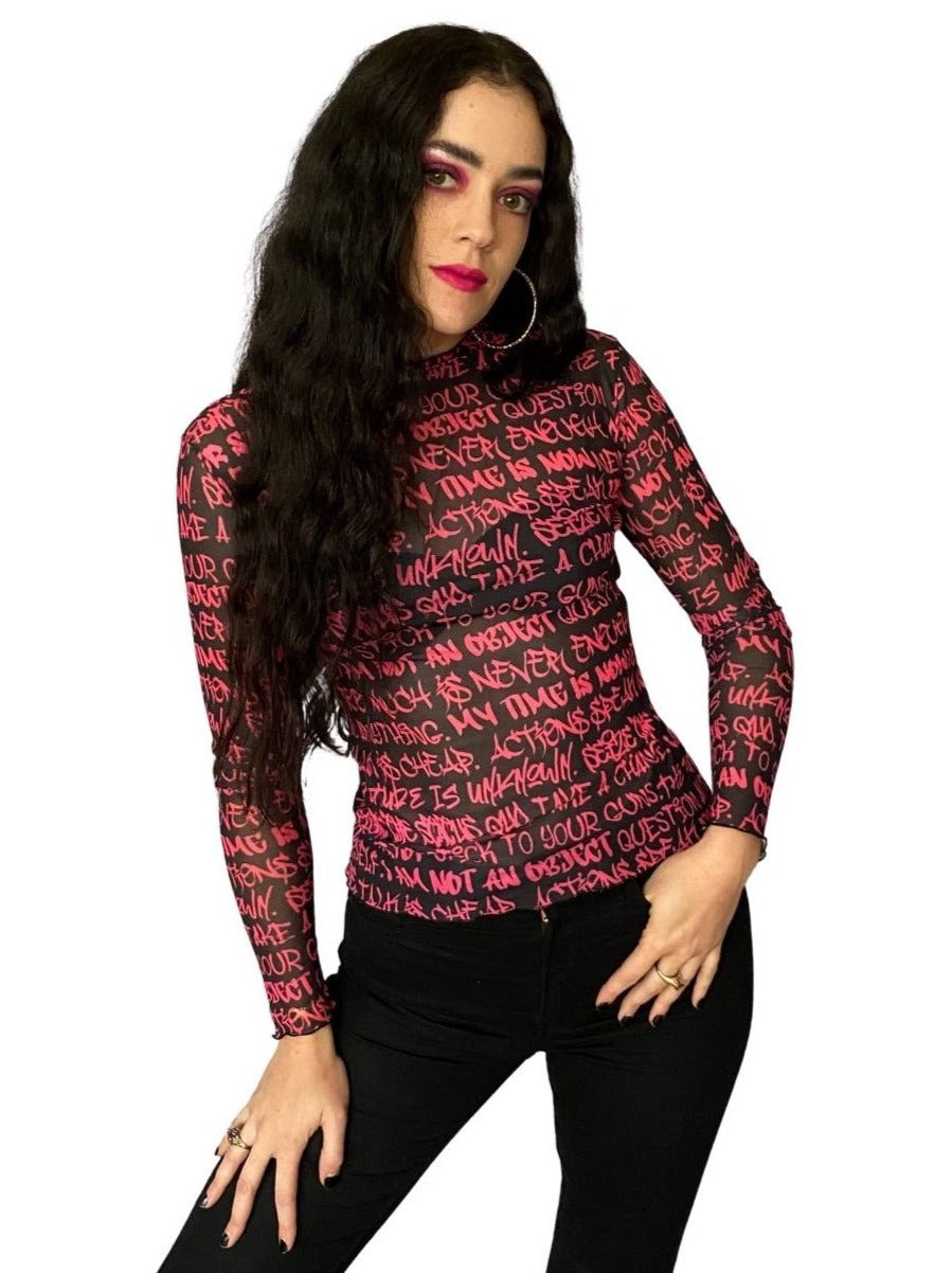 Black and Pink Graffiti Mesh Top