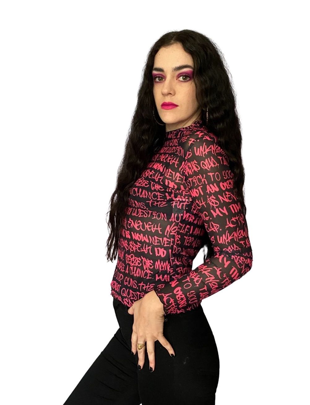 Black and Pink Graffiti Mesh Top