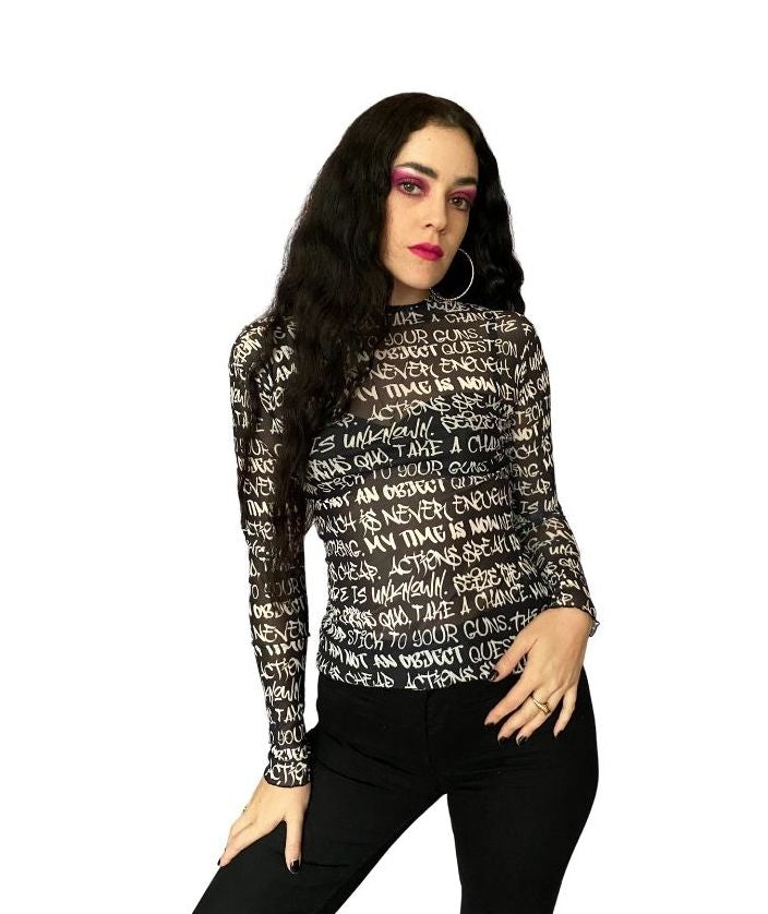 Black & White Mesh Top, Graffiti Pattern