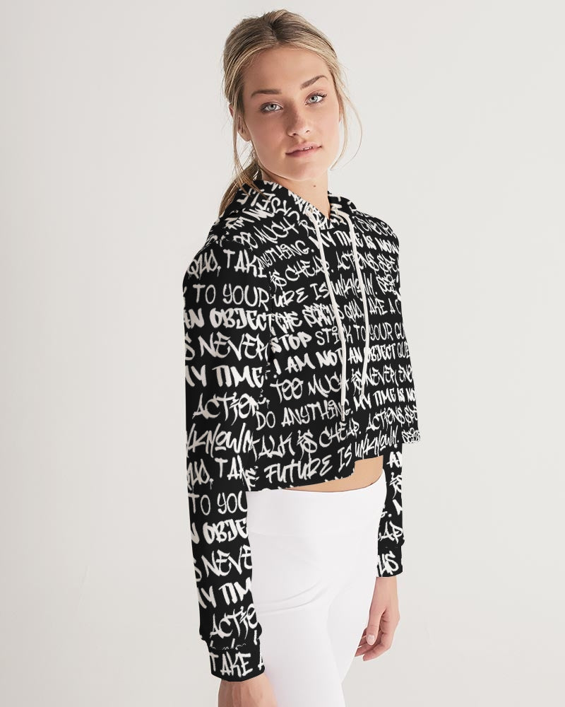 Women's Crop Hoodie, Black with White Graffiti