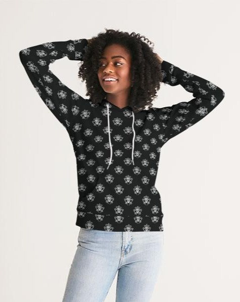 Womens Black Logo Pattern Hoodie with Skulls