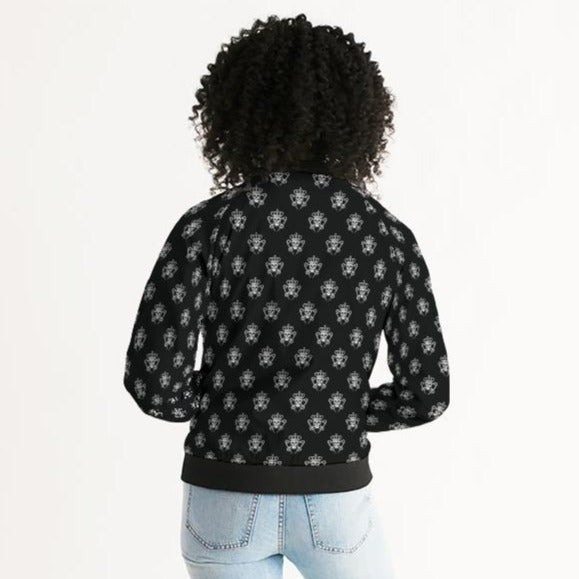 Women's Bomber Jacket, Black and White Logo PrintWomen's Bomber Jacket, Black and White Logo Print