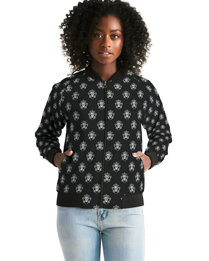 Women's Bomber Jacket, Black and White Logo Print