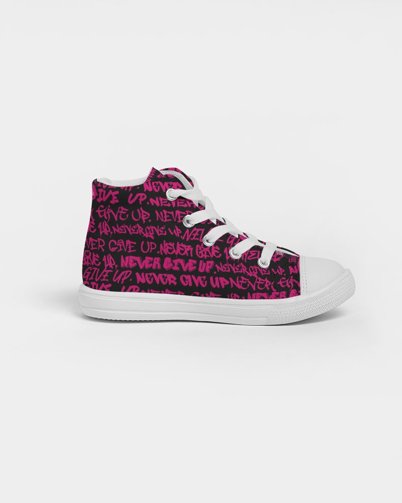 NEVER GIVE UP Pink Graffiti Kids Hightop Canvas Shoe