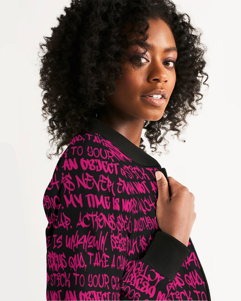 Women's Bomber Jacket, Black and Pink Graffiti