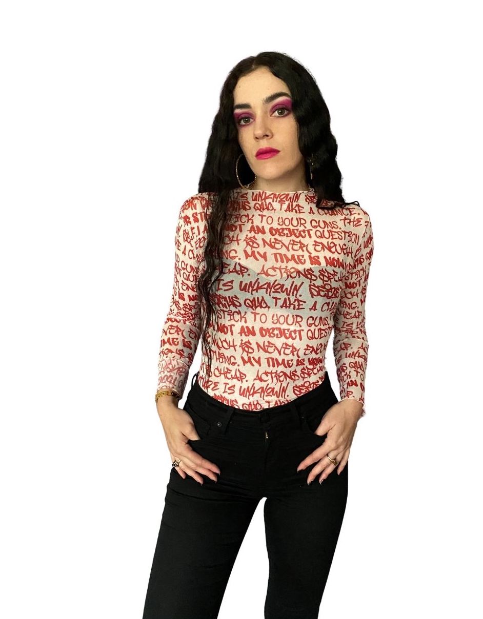 White & Red Graffiti Mesh Top